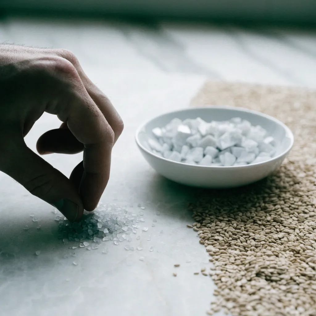 Shallow white dishes on a stone counter holding supplement forms, oats, mineral chips and magnesium flakes
