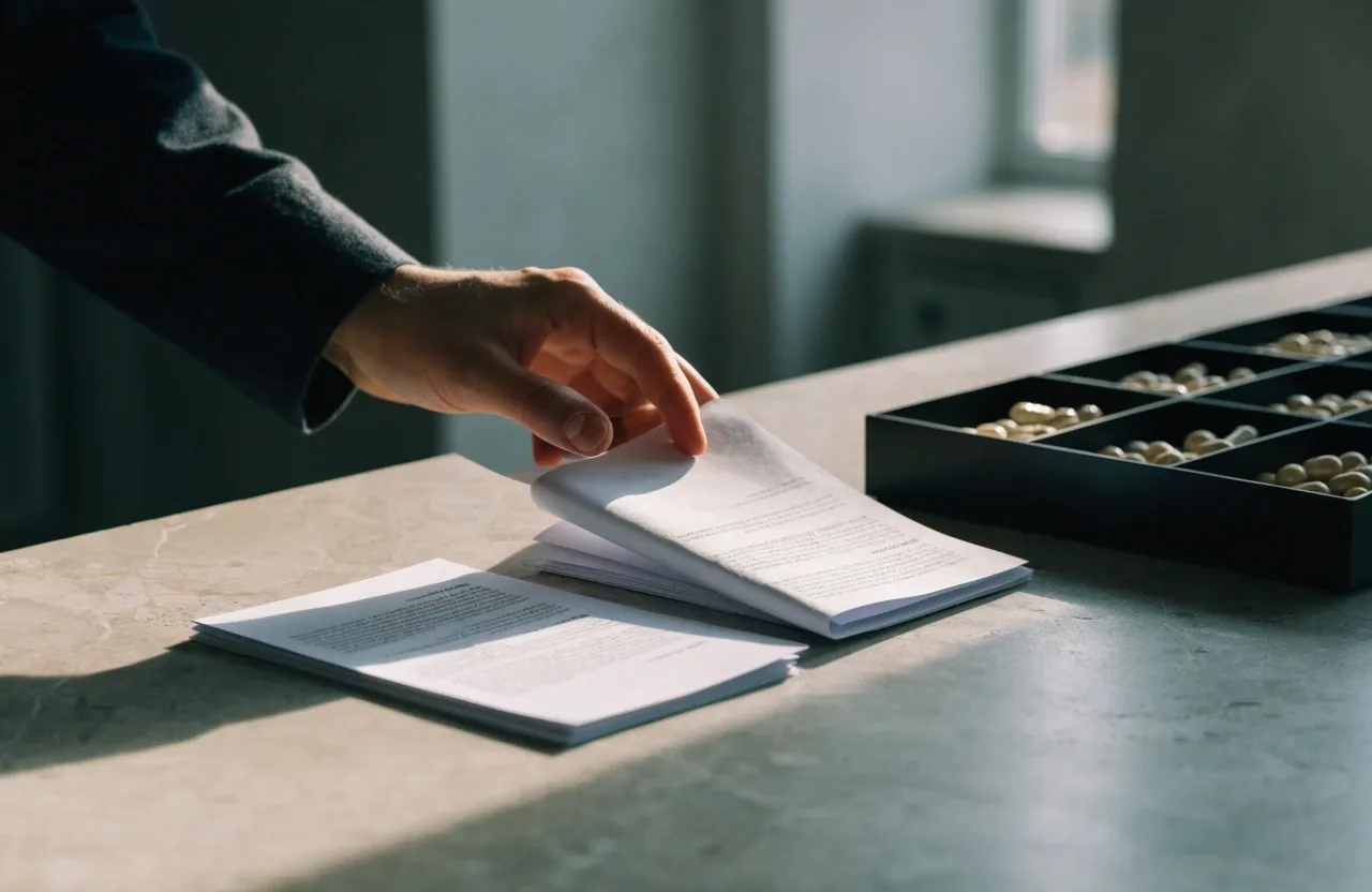 A hand turning a correction form face-down beside a stack of comparison pages and a compartment tray with natural capsules