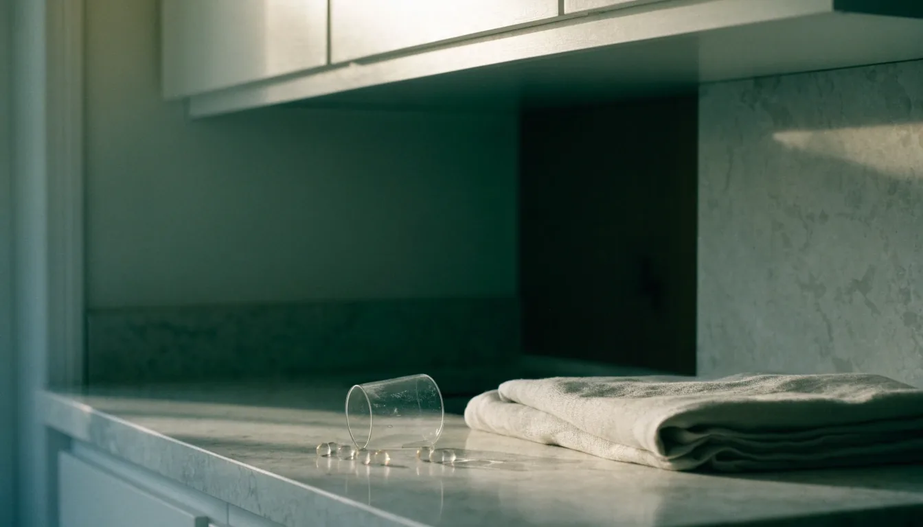 A pale stone counter the morning after, with a folded linen cloth, an empty tipped glass, and a few loose capsules