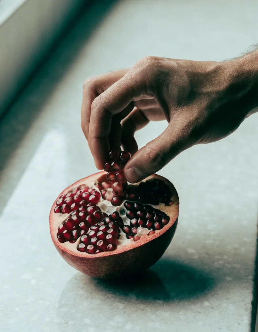 Cut pomegranate half beside loose arils on a cool matte stone surface