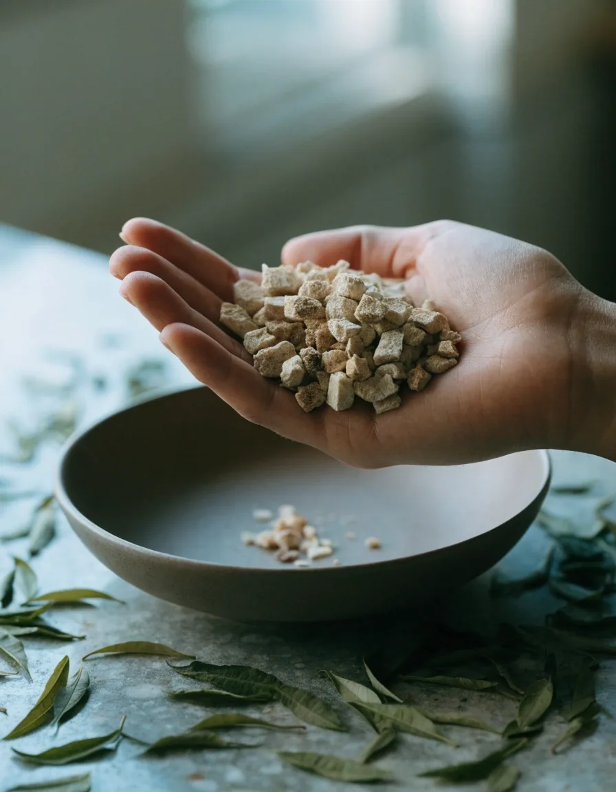 Dried botanical root pieces and green tea leaves arranged on a shallow matte ceramic dish