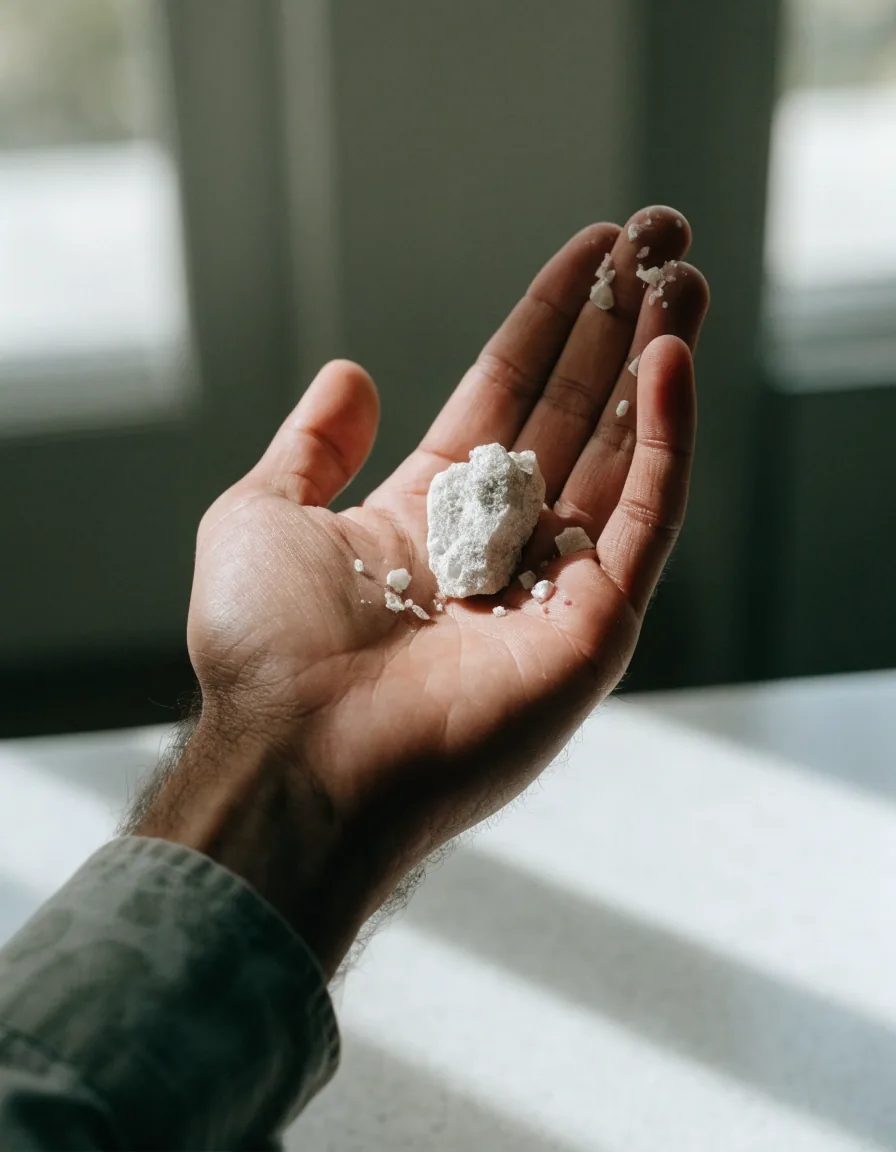 A smooth stone chip and chalky mineral pieces on a pale counter