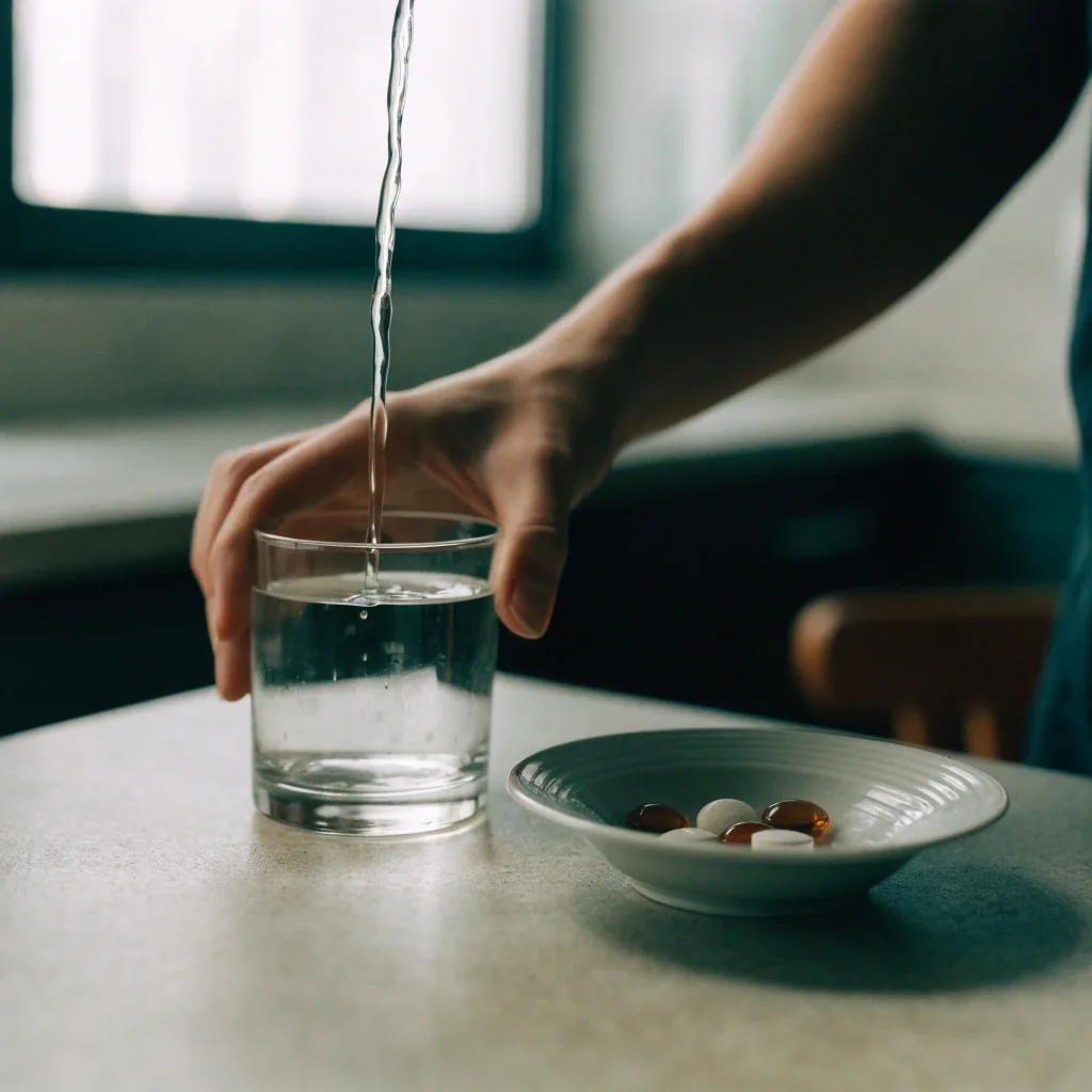 Round tablets resting in a shallow pale dish on a matte counter