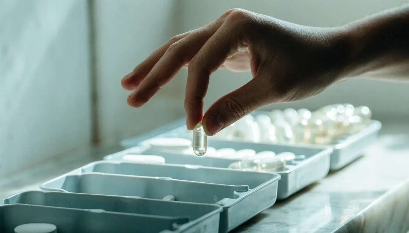Three supplement trays side by side on a pale counter, each holding a different arrangement of capsules