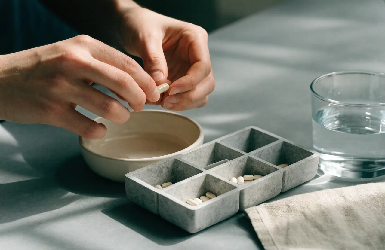 Seven-compartment supplement tray on a cool stone counter beside a glass of water and a folded cloth