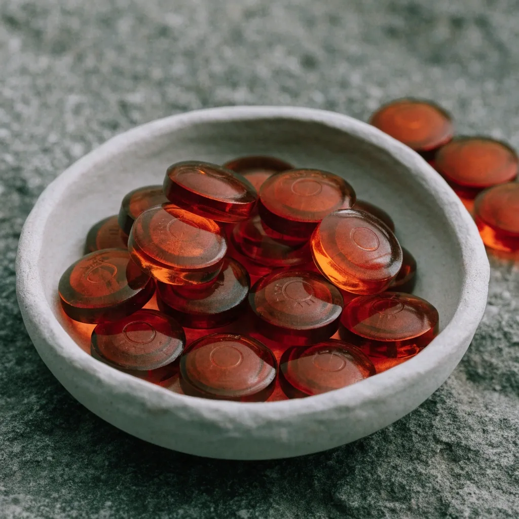 Amber B-complex tablets resting in a shallow matte ceramic dish on a grey stone surface