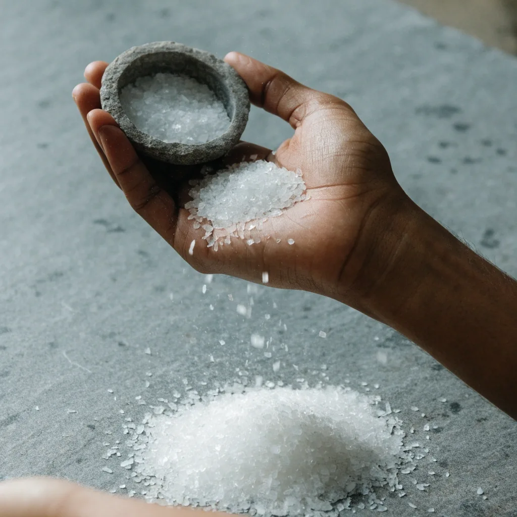 Coarse white magnesium flakes piled in a shallow ceramic bowl on a cool grey stone counter