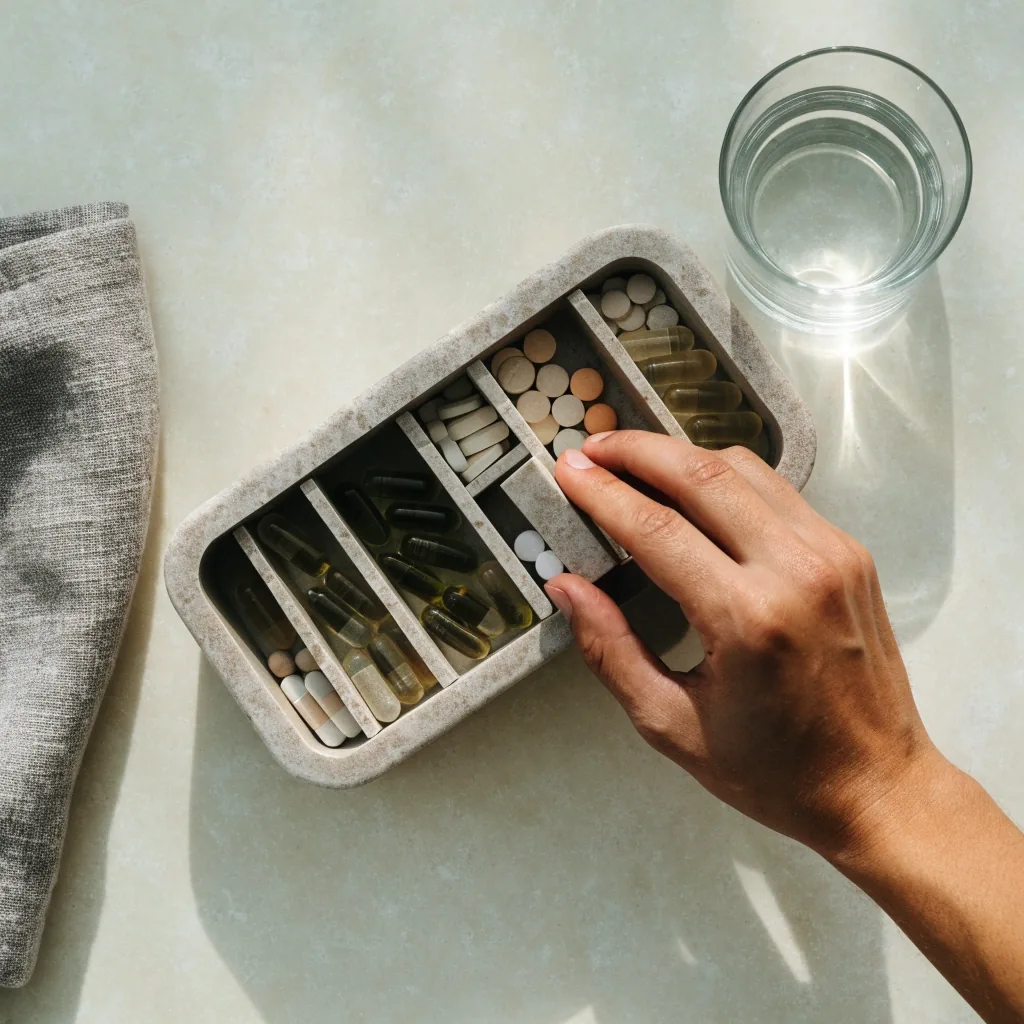 Hand lifting the lid of one compartment on a matte supplement tray seen from above on a pale counter