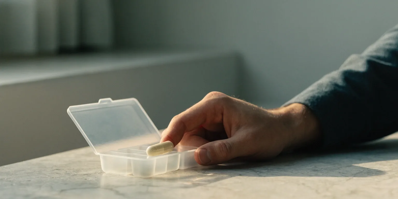 Open compartment of a matte supplement tray on a pale stone counter with one capsule inside and a hand at the rim