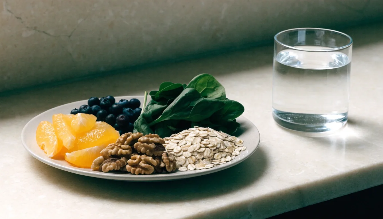 Whole-food morning plate with cut citrus, berries, nuts, oats and greens on a pale stone counter in soft daylight