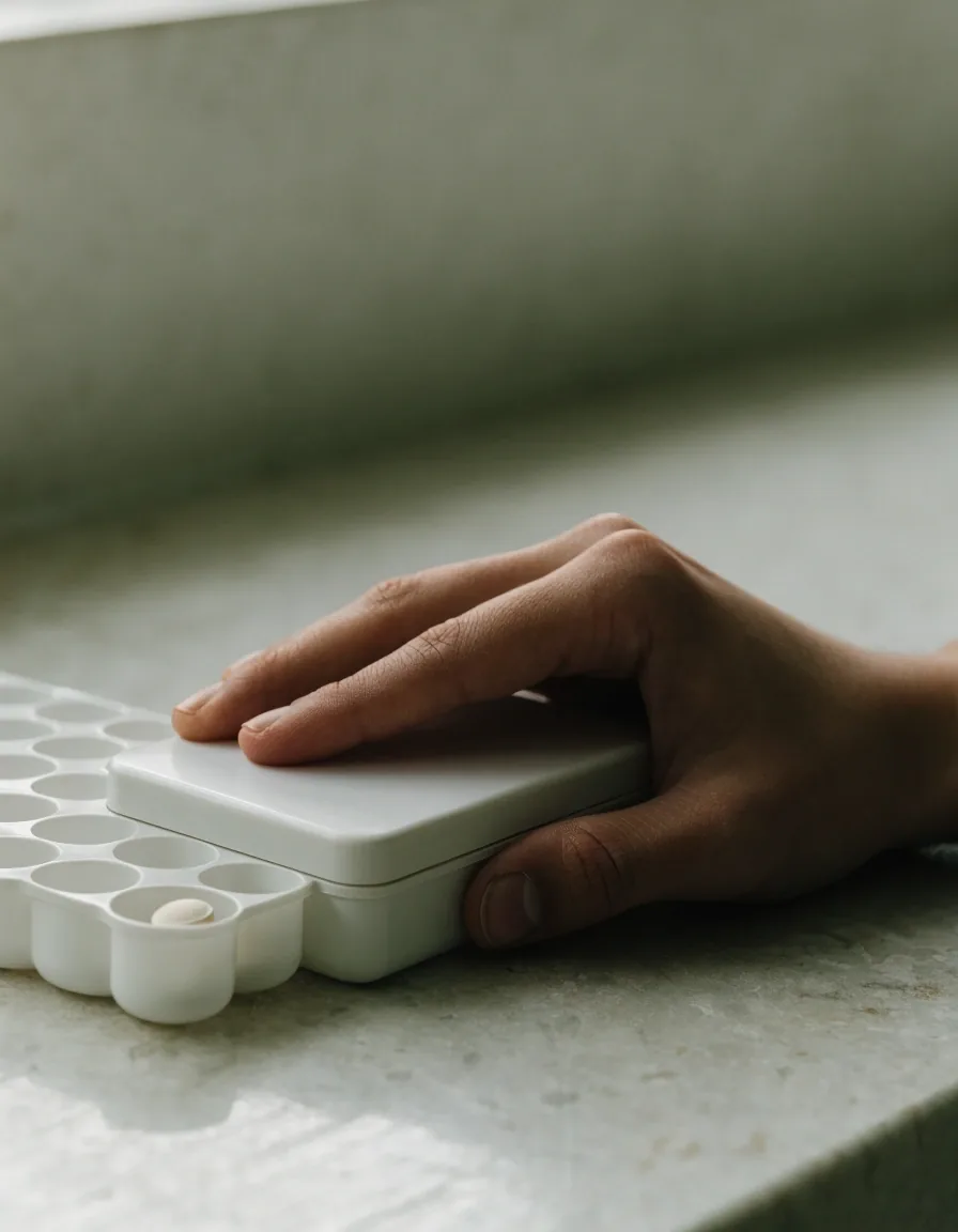 A hand resting on the closed lid of a daily compartment organizer beside an open compartment on a pale counter