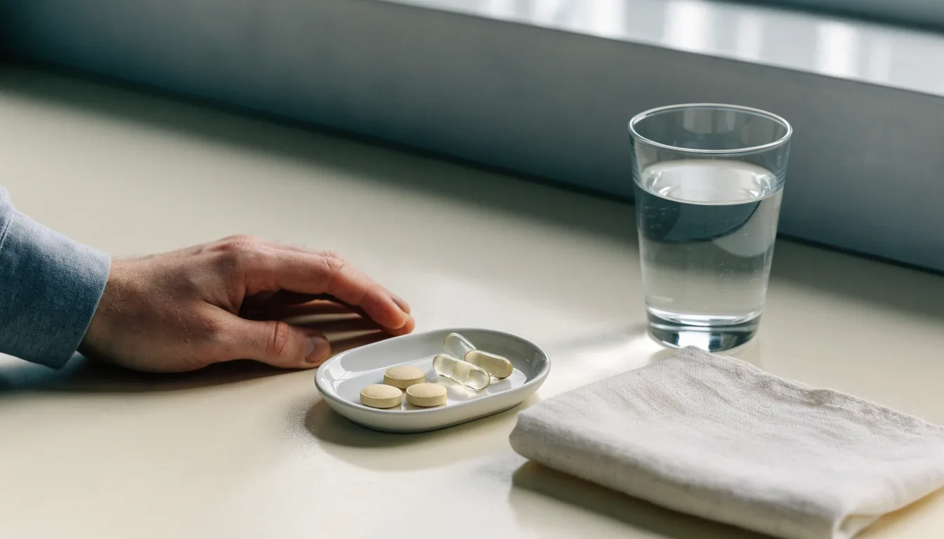 A ceramic tray on a pale counter with a few tablets, a folded napkin, and a glass of water in overcast daylight