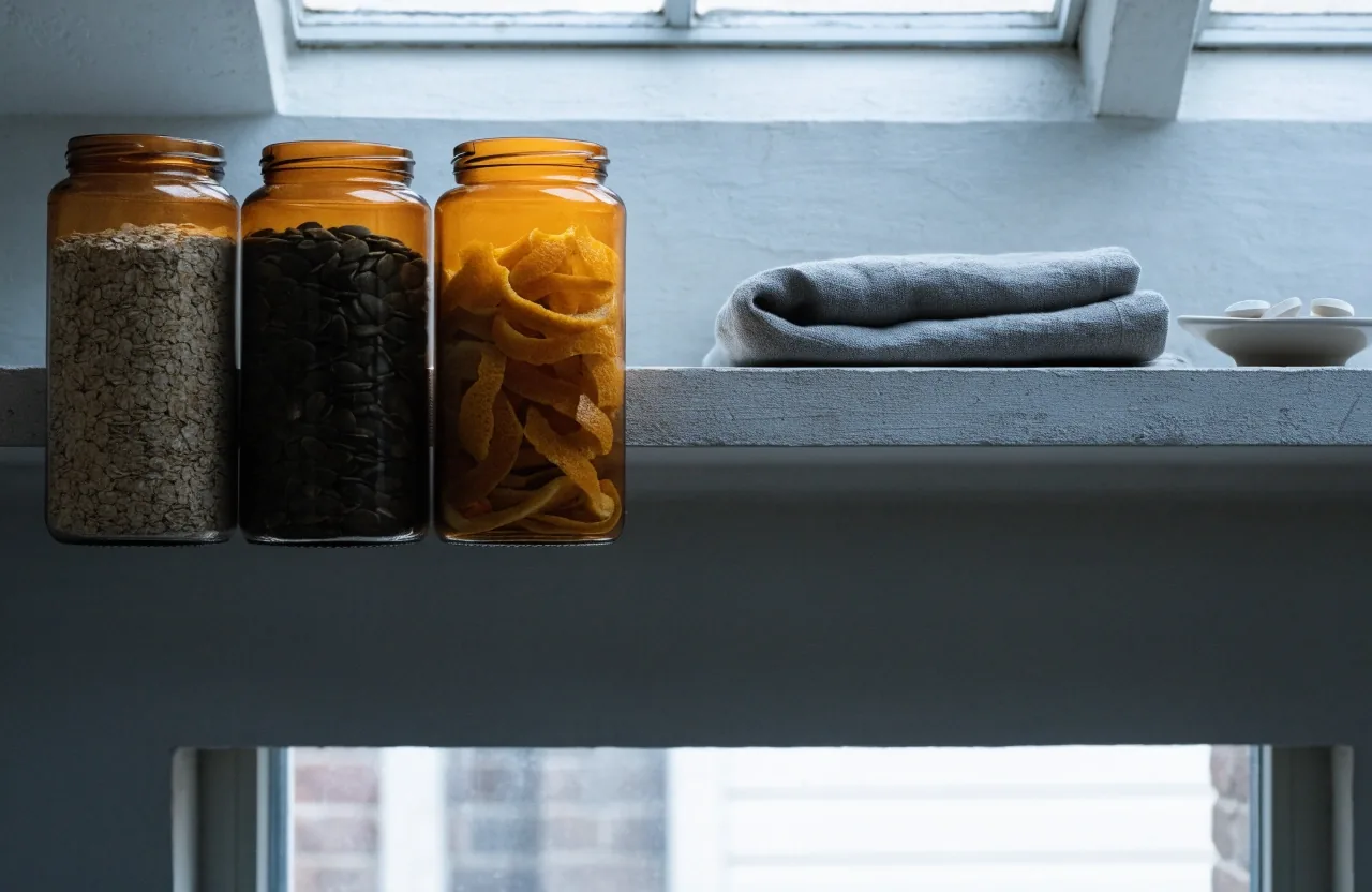 Unlabeled amber jars of oats, seeds and citrus peel on a pale slate shelf with a folded linen cloth